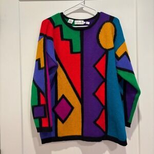 Vintage Rafaella Angora Lambswool Geometric Colorblock Sweater Mens Medium Multi